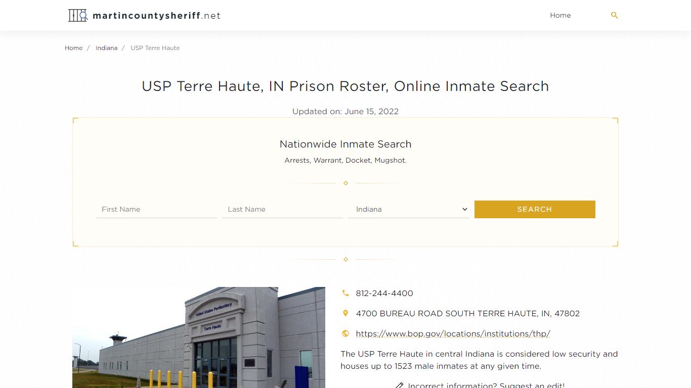 USP Terre Haute, IN Prison Roster, Online Inmate Search ...